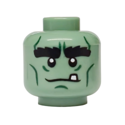 Minifigure, Head Alien Monster with Black Bushy Eyebrows, Dark Green Cheek Lines, Wrinkles, Chin Dimple, White Tooth, Neutral Pattern