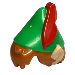 Minifigure, Hair Combo, Hair with Hat, Messy with Molded Bright Green Pointed Hat with Red Feather and Printed Light Nougat Pointed Ears Pattern Minifigure, Hair Combo, Hair with Hat, Messy with Molded Bright Green Pointed Hat with Red Feather and Printed Light Nougat Pointed Ears Pattern