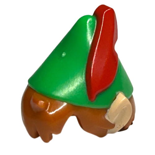 Деталь LEGO 26025pb03 Minifigure, Hair Combo, Hair with Hat, Messy with Molded Bright Green Pointed Hat with Red Feather and Printed Light Nougat Pointed Ears Pattern