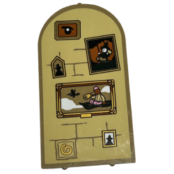 Glass for Door Frame 1 x 6 x 7 Arched with Notches and Rounded Pillars with Pictures of Eye, Wizard, Witch, Spiral and Minifigure with Telescope on Tan Background with Bricks Pattern (Sticker) - Set 40577