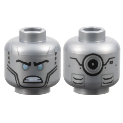 Minifigure, Head Alien Robot with Black Eyebrows, Metallic Light Blue Eyes, Cheek Lines, Angry Bared Teeth, Vents and Silver Circle on Back Pattern