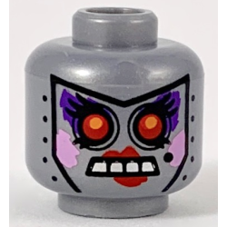 Minifigure, Head Alien Female Robot with Black Rivets and Beauty Mark, Red Eyes and Lips, Open Mouth with Silver Teeth, Dark Purple Eye Shadow, and Bright Pink Cheeks Pattern