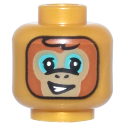Minifigure, Head Alien Balaclava, Dark Tan and Dark Orange Monkey Face, Dark Turquoise Eye Shadow, Lopsided Open Mouth Smile with Teeth, Black Outline Pattern
