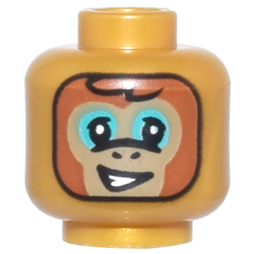 Деталь LEGO 3626pb3322 Minifigure, Head Alien Balaclava, Dark Tan and Dark Orange Monkey Face, Dark Turquoise Eye Shadow, Lopsided Open Mouth Smile with Teeth, Black Outline Pattern