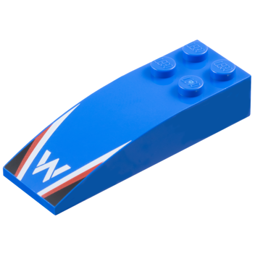 Деталь LEGO 44126pb060 Slope, Curved 6 x 2 with Williams Formula 1 Logo Stylized Capital Letter W, White and Red Stripes, Black Triangles Pattern