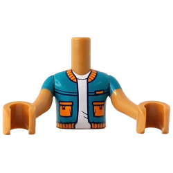 Torso Mini Doll Boy Dark Turquoise Jacket Open with Orange Pockets, Collar and Hem over White T-Shirt Pattern, Medium Nougat Arms with Hands with Dark Turquoise Short Sleeves