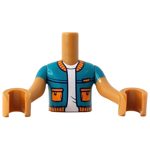 Деталь LEGO FTBpb131c01 Torso Mini Doll Boy Dark Turquoise Jacket Open with Orange Pockets, Collar and Hem over White T-Shirt Pattern, Medium Nougat Arms with Hands with Dark Turquoise Short Sleeves