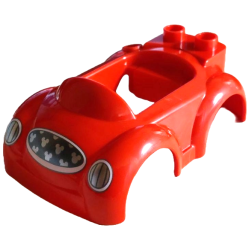 Duplo Car Body with 2 Studs on Back, Small Windshield and Hitch with Silver Headlights and Dark Silver Grille with Mouse Heads Pattern Duplo Car Body with 2 Studs on Back, Small Windshield and Hitch with Silver Headlights and Dark Silver Grille with Mouse Heads Pattern