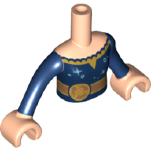 Деталь LEGO FTGpb343c01 Torso Mini Doll Girl Dark Blue with Metallic Light Blue Stars and Circles, Gold Belt Pattern, Light Nougat Arms with Hands with Dark Blue Sleeves