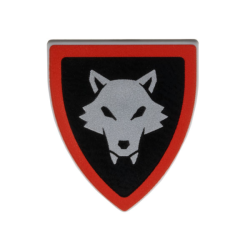 Minifigure, Shield Triangular Short with Silver Wolfpack Almond Eyes, Red Border around Black Background Pattern Minifigure, Shield Triangular Short with Silver Wolfpack Almond Eyes, Red Border around Black Background Pattern