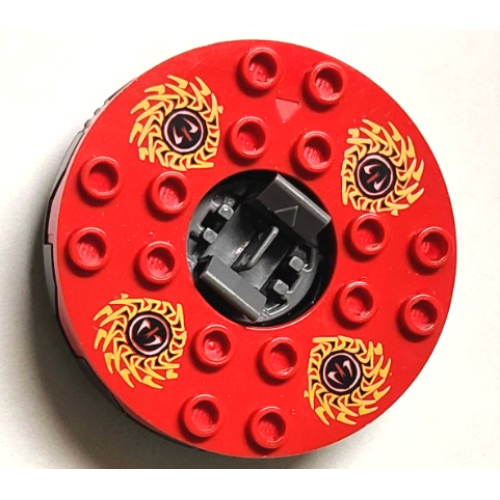 Деталь LEGO 98318c08pb01 Turntable 6 x 6 x 1 1/3 Round Base Serrated with Red Top and Red, White, Yellow and Black Fangpyre Pattern (Ninjago Spinner)