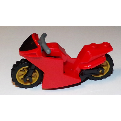 Деталь LEGO 18895c01pb01 Motorcycle Sport Bike with Black Windshield Pattern, Black Frame, Pearl Gold Wheels and Dark Bluish Gray Handlebars