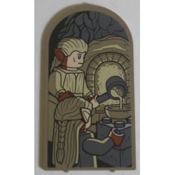 Glass for Door Frame 1 x 6 x 7 Arched with Notches and Rounded Pillars with Tan Elves, Oven and Dark Bluish Gray Bricks and Saucepan Pattern (Sticker) - Set 10316