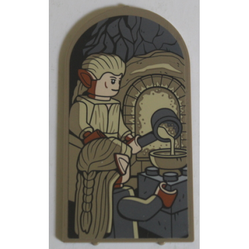 Деталь LEGO 65066pb11 Glass for Door Frame 1 x 6 x 7 Arched with Notches and Rounded Pillars with Tan Elves, Oven and Dark Bluish Gray Bricks and Saucepan Pattern (Sticker) - Set 10316