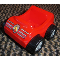 Duplo Car with Molded Pearl Light Gray Wheels and Black Treaded Tires with Silver Stripes and Fire Badge Pattern Duplo Car with Molded Pearl Light Gray Wheels and Black Treaded Tires with Silver Stripes and Fire Badge Pattern