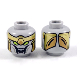 Minifigure, Head Alien with Gold Armor, Lime Eyes, Large Open Mouth with 8 Teeth Pattern
