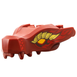 Dragon Head (Ninjago) Jaw with 2 Bar Handles on Back with Bright Light Orange Eyes, Gold Scales, and Black and Red Flames Pattern Dragon Head (Ninjago) Jaw with 2 Bar Handles on Back with Bright Light Orange Eyes, Gold Scales, and Black and Red Flames Pattern