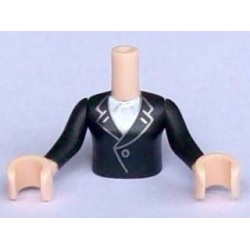 Torso Mini Doll Girl Black Jacket with White Blouse Pattern, Light Nougat Arms with Hands with Black Sleeves
