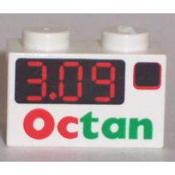 Brick 1 x 2 with Red Digital '3.09' on Black Rectangle, Octan Logo Pattern