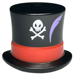 Minifigure, Headgear Hat, Top Hat Large with Molded Red Band and Printed White Skull, Crossbones, and Medium Lavender Feather Pattern