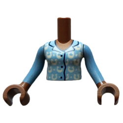 Torso Mini Doll Girl Bright Light Blue Pajamas Top with White Horseshoes and Dots Pattern, Medium Brown Arms with Hands with Medium Blue Long Sleeves