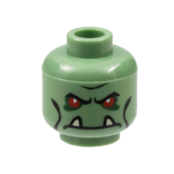 Minifigure, Head Alien Troll with Red Eyes, Black Eyebrows and Cheek Lines, Dark Green Eye Shadow, and Frown with Tan Lower Fangs Pattern