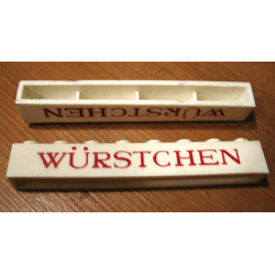 Brick 1 x 8 without Bottom Tubes with Cross Side Supports with Red 'WÜRSTCHEN' Thin Pattern ('WURSTCHEN') Brick 1 x 8 without Bottom Tubes with Cross Side Supports with Red 'WÜRSTCHEN' Thin Pattern ('WURSTCHEN')