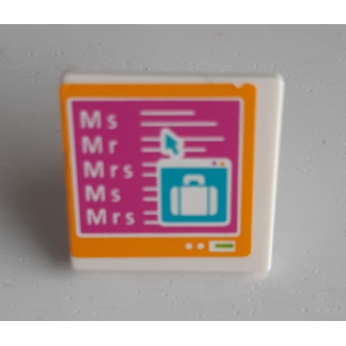 Деталь LEGO 15210pb074 Road Sign 2 x 2 Square with Open O Clip with Computer Screen, 'M s' 'M r' 'M r s', Luggage and Mouse Pointer Pattern (Sticker) - Set 41109