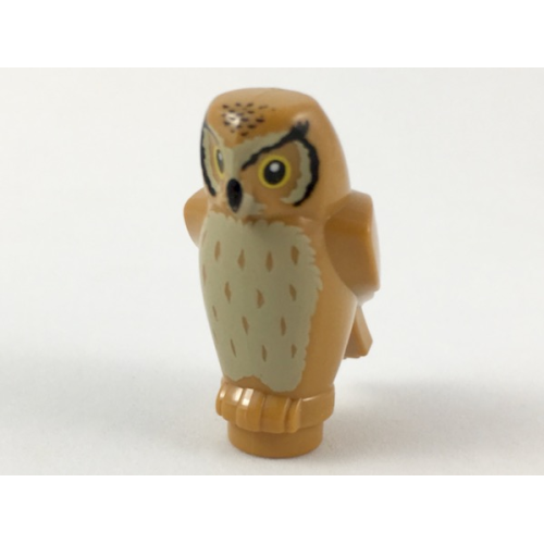 Деталь LEGO 92084pb04 Owl, Angular Features with Black Beak and Forehead Spots, Yellow Eyes, and Tan Chest Feathers Pattern