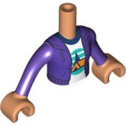 Torso Mini Doll Girl Dark Purple Hoodie over White Shirt with Orange Tent, Dark Blue Trees, Dark Turquoise Sky and Ground Pattern, Nougat Arms with Hands with Dark Purple Long Sleeves