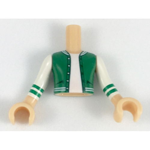 Деталь LEGO FTBpb031c01 Torso Mini Doll Boy Green Letter Jacket over White Shirt Pattern, Light Nougat Arms with Hands with White Sleeves with Green Stripes
