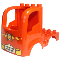 Duplo Car Body Truck 4 x 4 Flatbed with 4 Top Studs with Headlights and Fire Logo Pattern Duplo Car Body Truck 4 x 4 Flatbed with 4 Top Studs with Headlights and Fire Logo Pattern