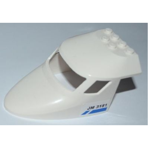 Деталь LEGO 87613pb006 Aircraft Fuselage Forward Top Curved 6 x 10 x 4 with 3 Window Panes with Blue Line and 'JM 3181' Pattern on Both Sides (Stickers) - Set 3181