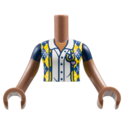 Torso Mini Doll Girl Dark Blue Vest with Yellow and White Diamonds over Blouse Pattern, Medium Brown Arms with Hands with Dark Blue Short Sleeves
