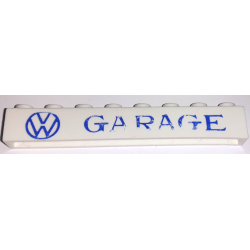 Brick 1 x 8 without Bottom Tubes with Cross Side Supports with Blue 'VW GARAGE' Small Pattern