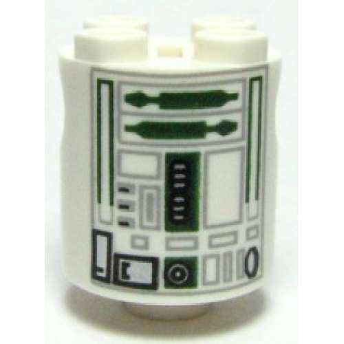 Деталь LEGO 30361cpb005 Brick, Round 2 x 2 x 2 Robot Body with Bottom Axle Holder (x Shape / + Orientation) with SW Astromech Droid Light Bluish Gray Rectangles and Dark Green Utility Arms Pattern