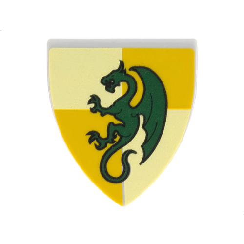 Деталь LEGO 3846pb028 Minifigure, Shield Triangular Short with Dark Green Dragon on Bright Light Yellow and Bright Light Orange Quarters Background Pattern