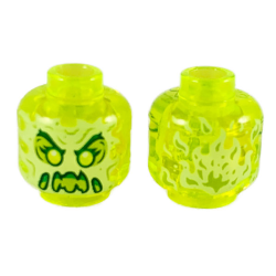 Minifigure, Head Alien Female Ghost with Yellowish Green Face, Dark Green Eyebrows, Double Eyelashes, Lime Eye Shadow, Green Angry Open Mouth with Slime, Sharp Teeth and Tongue, Flames on Back Pattern
