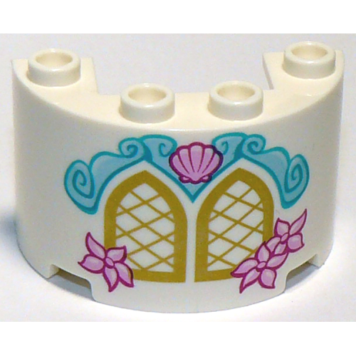 Деталь LEGO 24593pb04 Cylinder Half 2 x 4 x 2 with 1 x 2 Cutout with Gold Windows and Bright Light Pink Shell and Flowers Pattern