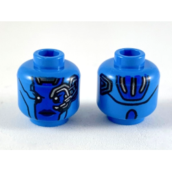 Minifigure, Head Alien Female with Blue Face, Dark Blue Lips, Mechanical Left Eye, Silver Stripes on Back, Neutral Pattern