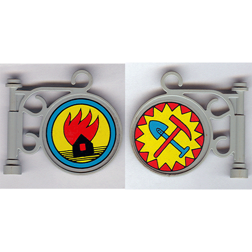 Деталь LEGO x222pb01 Road Sign Round on Pole with Ornate Top Attachment with Fire Station Pattern on Both Sides (Stickers) - Set 3682