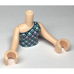 Torso Mini Doll Girl Light Aqua and Bright Pink Scallop Top with Dark Blue Highlights Pattern, Light Nougat Arms with Hands