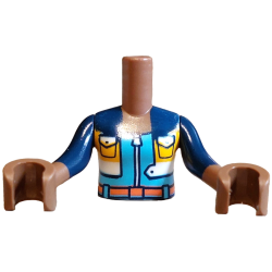 Torso Mini Doll Girl Dark Blue, White and Yellow Jacket Open with Pockets over Medium Azure Jumpsuit with Zipper and Coral Belt Pattern, Medium Brown Arms with Hands with Dark Blue Long Sleeves