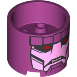 Brick, Round 3 x 3 x 2 with Recessed Center and Axle Hole with Bright Pink and Black Robot Face with Red Eyes and Silver Teeth Pattern (Sentinel)