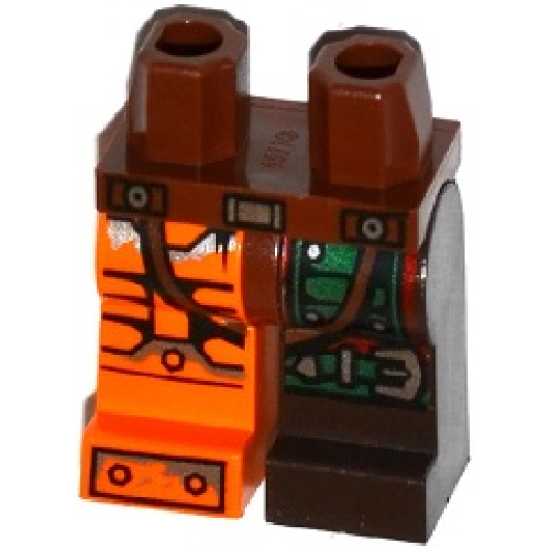 Деталь LEGO 970d31pb01 Hips and 1 Dark Brown Left Leg with Green Armor and Knee Belt, 1 Orange Right Leg with Black and Silver Bolted Armor Plates Pattern