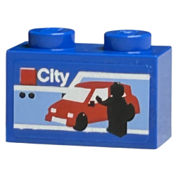 Brick 1 x 2 with LEGO City Set Box Art, Red Car and Black Minifigure Silhouette Pattern (Sticker) - Sets 40145 / 40305 and Gear 40359 Brick 1 x 2 with LEGO City Set Box Art, Red Car and Black Minifigure Silhouette Pattern (Sticker) - Sets 40145 / 40305 and Gear 40359