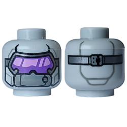 Minifigure, Head Alien Black and Silver Visor, Dark Purple and Medium Lavender Lenses, Dark Bluish Gray Plate and Strap with Buckle on Back Pattern