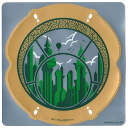 Plastic Round Leaded Window with Gold Frame, Green and Dark Green Emerald City Skyline Pattern