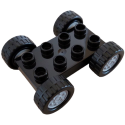 Duplo Car Base 2 x 4 with Fixed Axles, Black Tires and Light Bluish Gray Wheels Duplo Car Base 2 x 4 with Fixed Axles, Black Tires and Light Bluish Gray Wheels