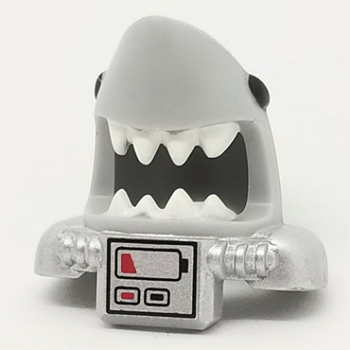 Деталь LEGO 25113pb03 Minifigure, Headgear Mask Shark Head with Open Mouth with White Teeth, Black Eyes, Metallic Silver Shoulder Pads and Front Panel and Battery Pattern